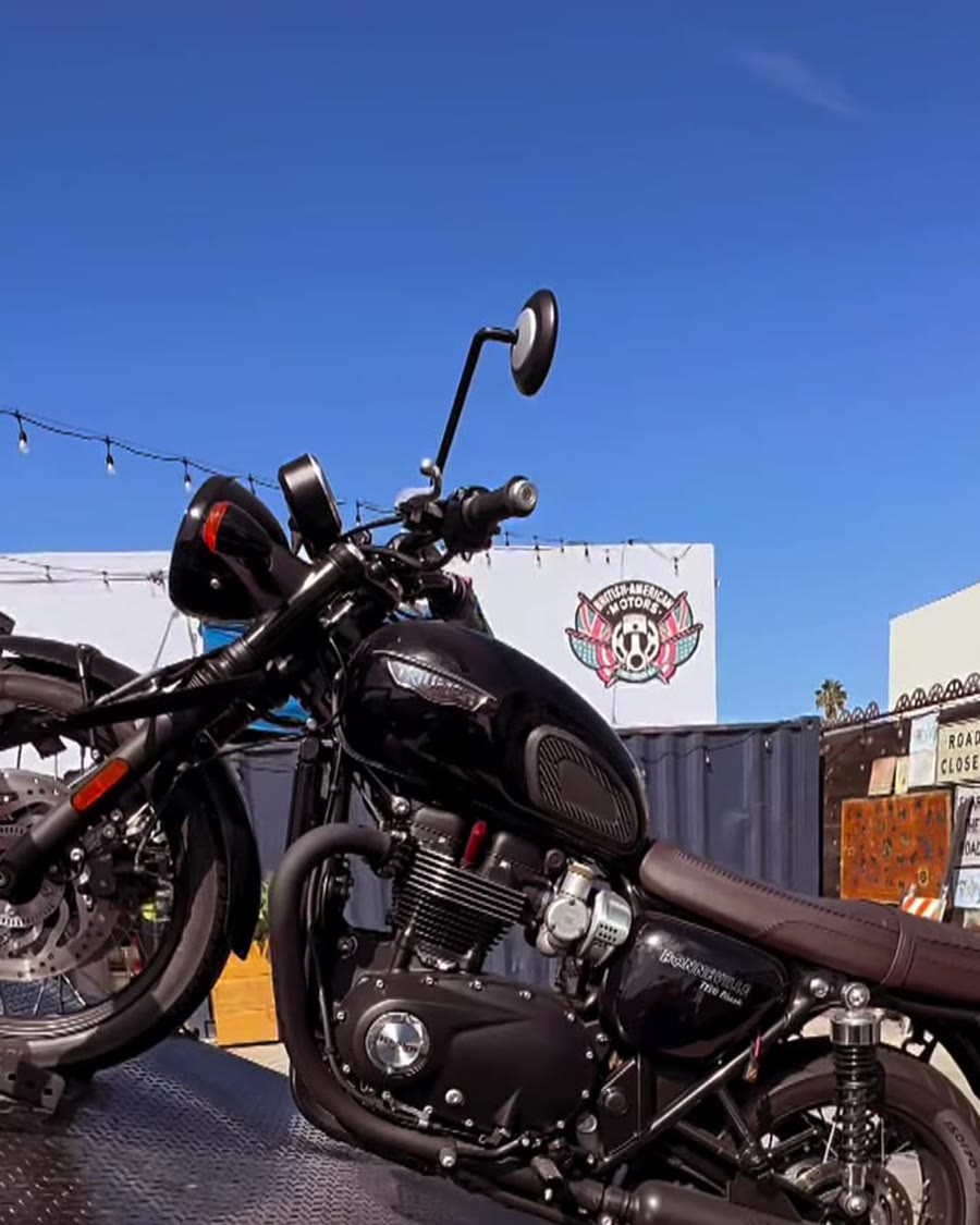 Triumph Bonneville on black tow ramp at British American Motors