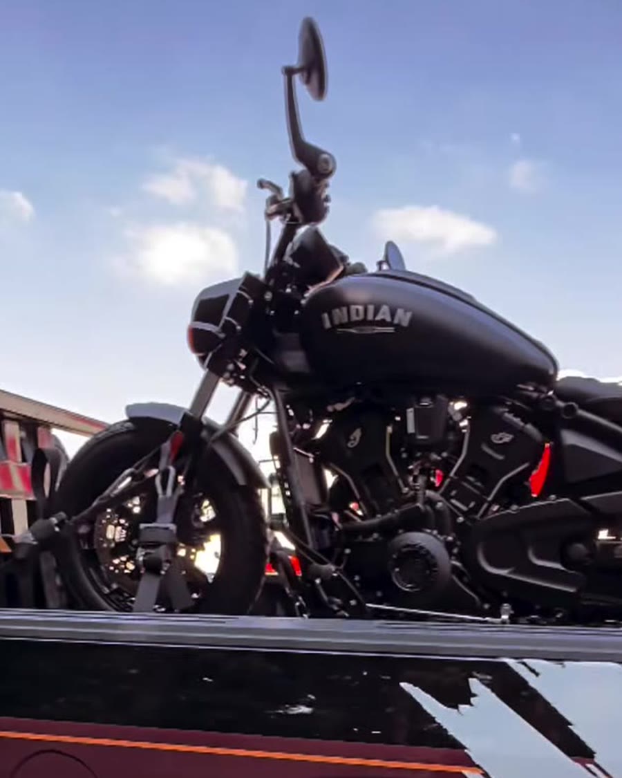 Black Indian motorcycle in Law Tigers black truck bed