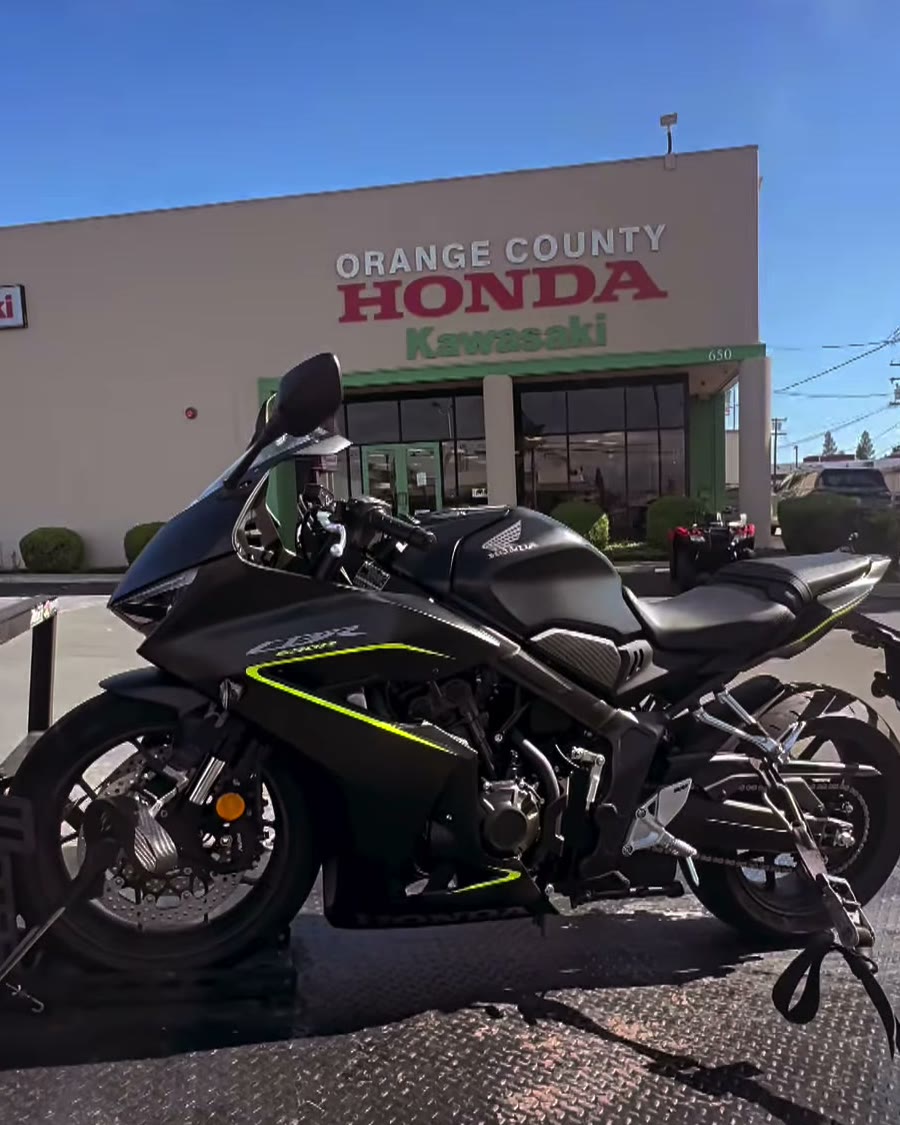 Honda CBR strapped on black tow bed at Orange County Honda